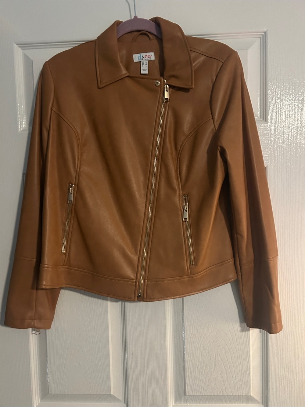 D&CO Women's Tan Faux Leather Zip-Front Jacket
